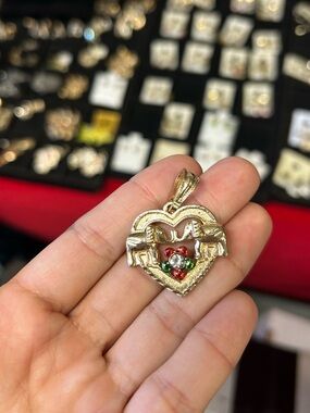 Gold Heart Pendant with Red and Green Stones - Women Jewelry